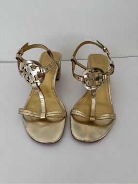 Gold Logo Medallion T-Strap Block Heel Sandals